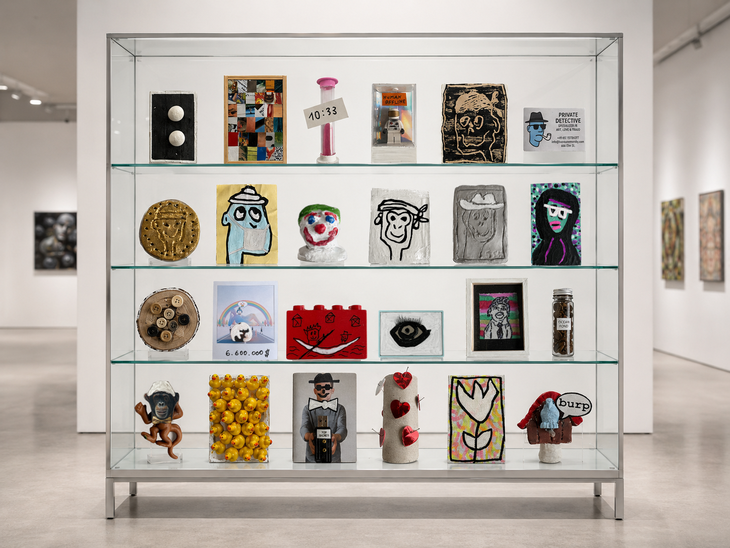 Vitrine mit Objekten aus dem Projekt Back2Reality von Ivan Summersky